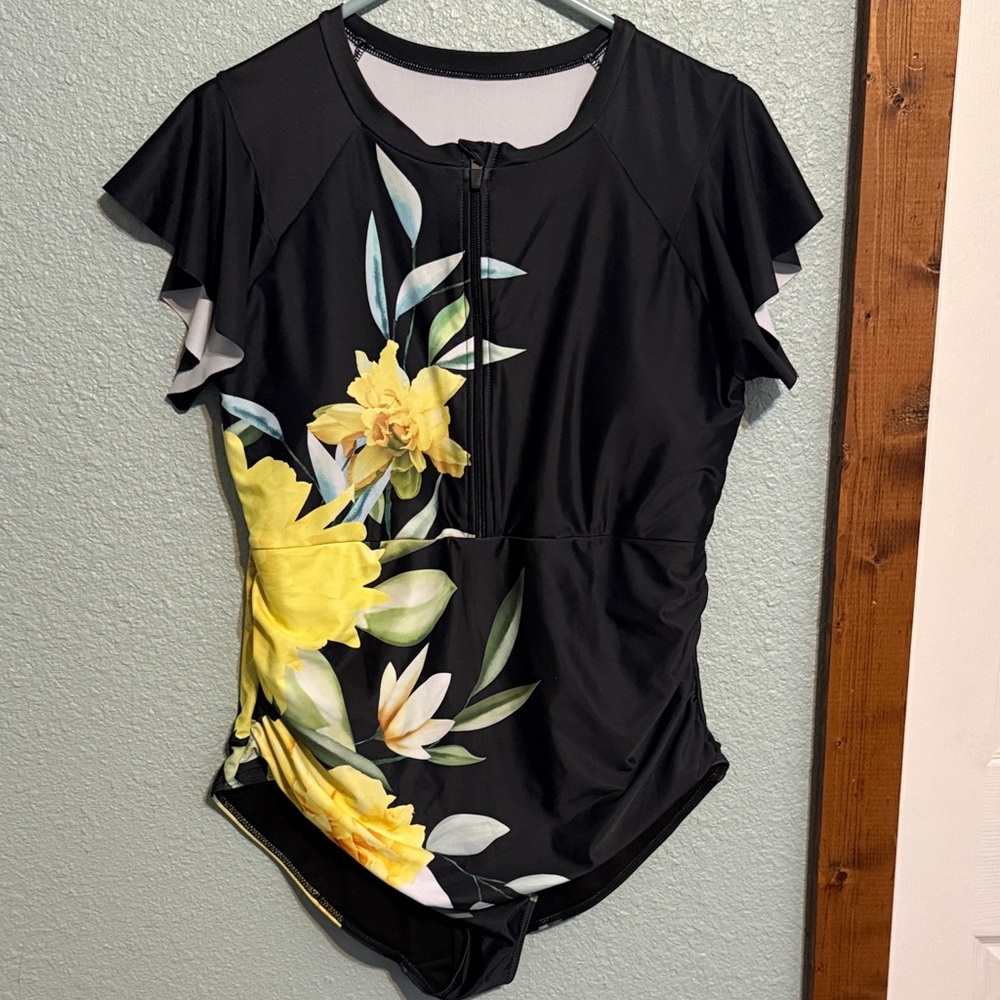 Black Floral One-Piece Swimsuit with Yellow Blooms